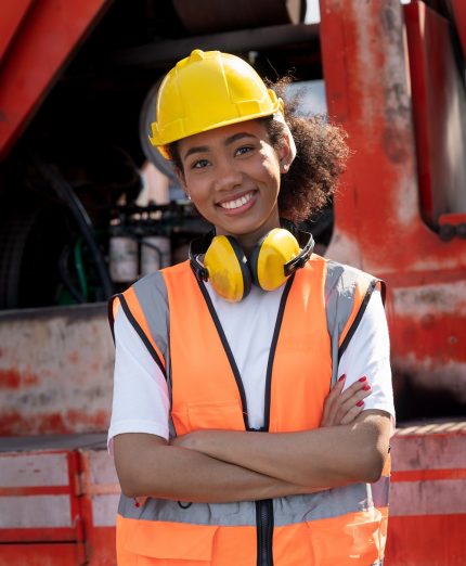 Portrait,Foreman,,Businesswoman,With,Container,Background